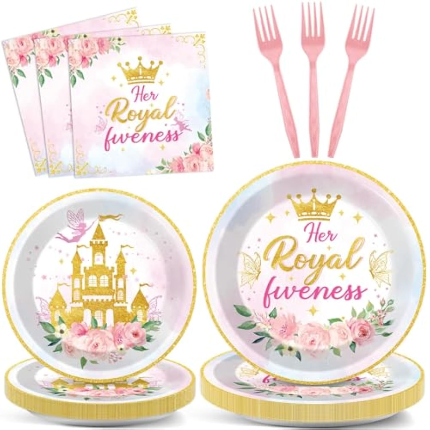 96Pcs Princess 5Th Birthday Plates And Napkins Her Royal Fiveness Decorations Princess Party Dessert Plates Rainbow Castle Tableware For 24 Guests 5Th Theme Girl Baby Shower Party Supplies