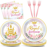 96Pcs Princess 5Th Birthday Plates And Napkins Her Royal Fiveness Decorations Princess Party Dessert Plates Rainbow Castle Tableware For 24 Guests 5Th Theme Girl Baby Shower Party Supplies