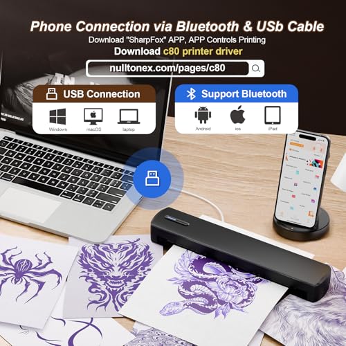 Portable Thermal Printer - Tattoo Stencil Machine - Wireless Bluetooth Inkless Printer, Supports 8.5 X 11 Letter A4 A5 Sizes, Perfect For Business Travel Home Tattooist - Laptop Smartphone And Pc