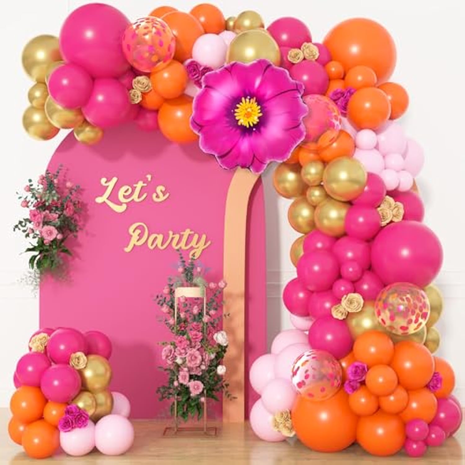 175Pcs Hot Pink And Orange Balloons Arch Garland Kit, Pink And Orange Party Decorations With Gold Balloons Foil Flowers For Wedding Bridal Tropical Bachelorette Birthday Decor