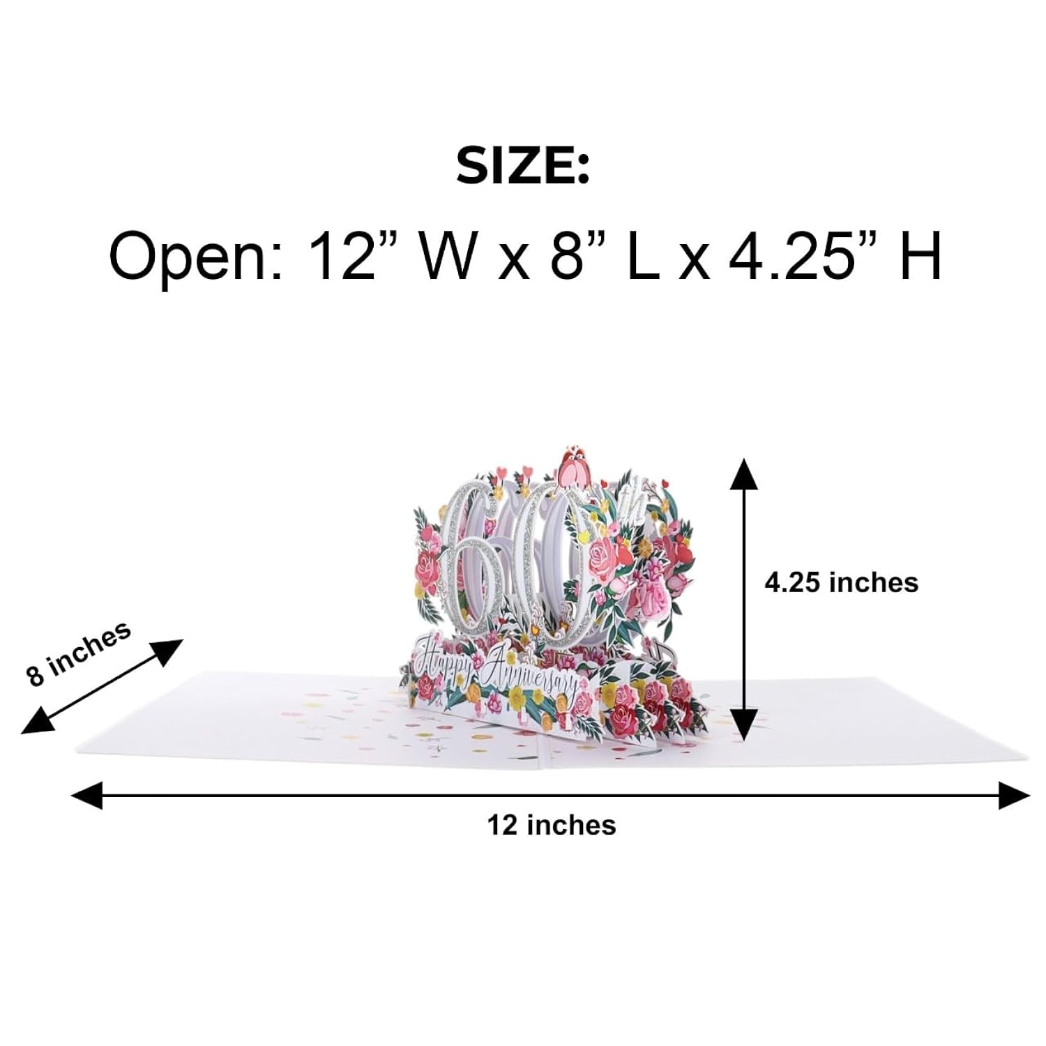 60Th Wedding Anniversary Pop Up Card – Diamond Jubilee 3D Greeting With Roses & Lovebirds – Luxury Keepsake For Parents, Grandparents, Couples, Enduring Love Gift – 6 X 8 Inches