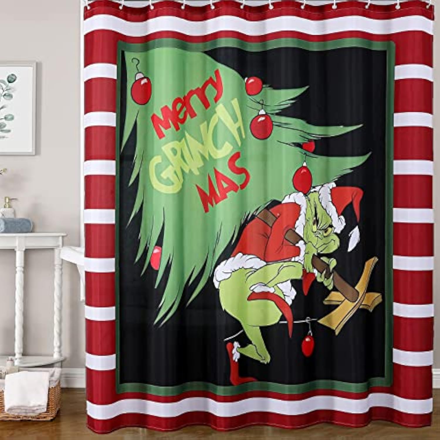 Aoderti Christmas Grinch Shower Curtain With 12 Hooks, 72''X72'' Waterproof Polyester Christmas Bathroom Decorations Shower Curtains For Bathroom, Heavy Weighted Hem, Machine Washable, Quick Dry