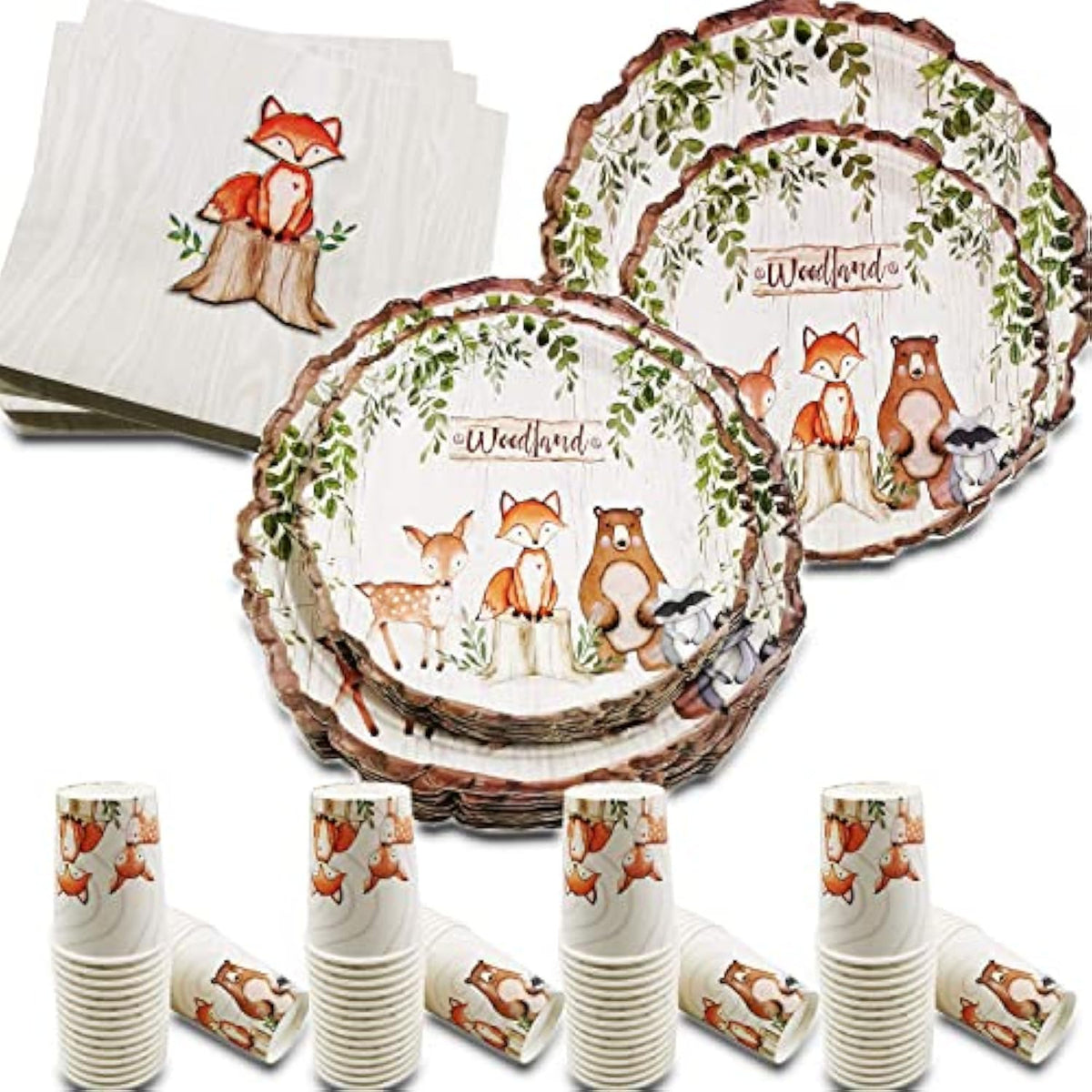 Woodland Creatures Party Supplies Baby Shower Decorations, Forest Animal Friends Theme Party Supplies, 32 Guests Dinner Plates, Dessert Plates,9 Oz Cups And Napkins For Baby Shower And Birthday Party