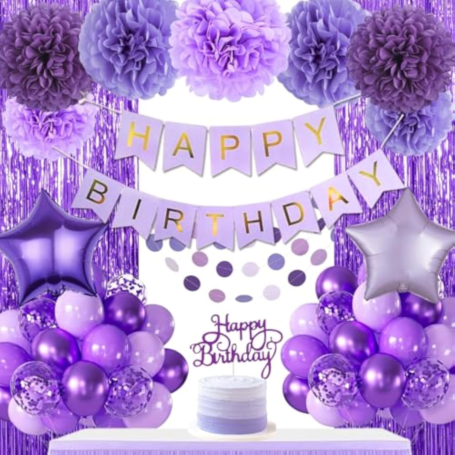 Purple Birthday Decorations, Purple Party Balloons With Happy Birthday Banner Fringe Curtain Paper Pompoms, Circle Garland For Women Men Boys Girls Princess Birthday Decor