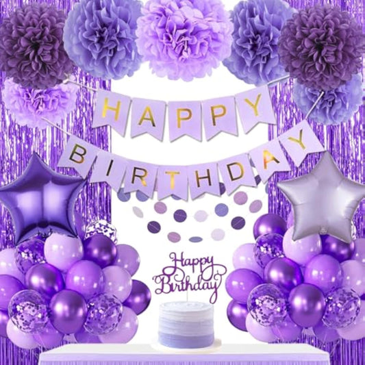 Purple Birthday Decorations, Purple Party Balloons With Happy Birthday Banner Fringe Curtain Paper Pompoms, Circle Garland For Women Men Boys Girls Princess Birthday Decor