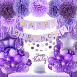 Purple Birthday Decorations, Purple Party Balloons With Happy Birthday Banner Fringe Curtain Paper Pompoms, Circle Garland For Women Men Boys Girls Princess Birthday Decor
