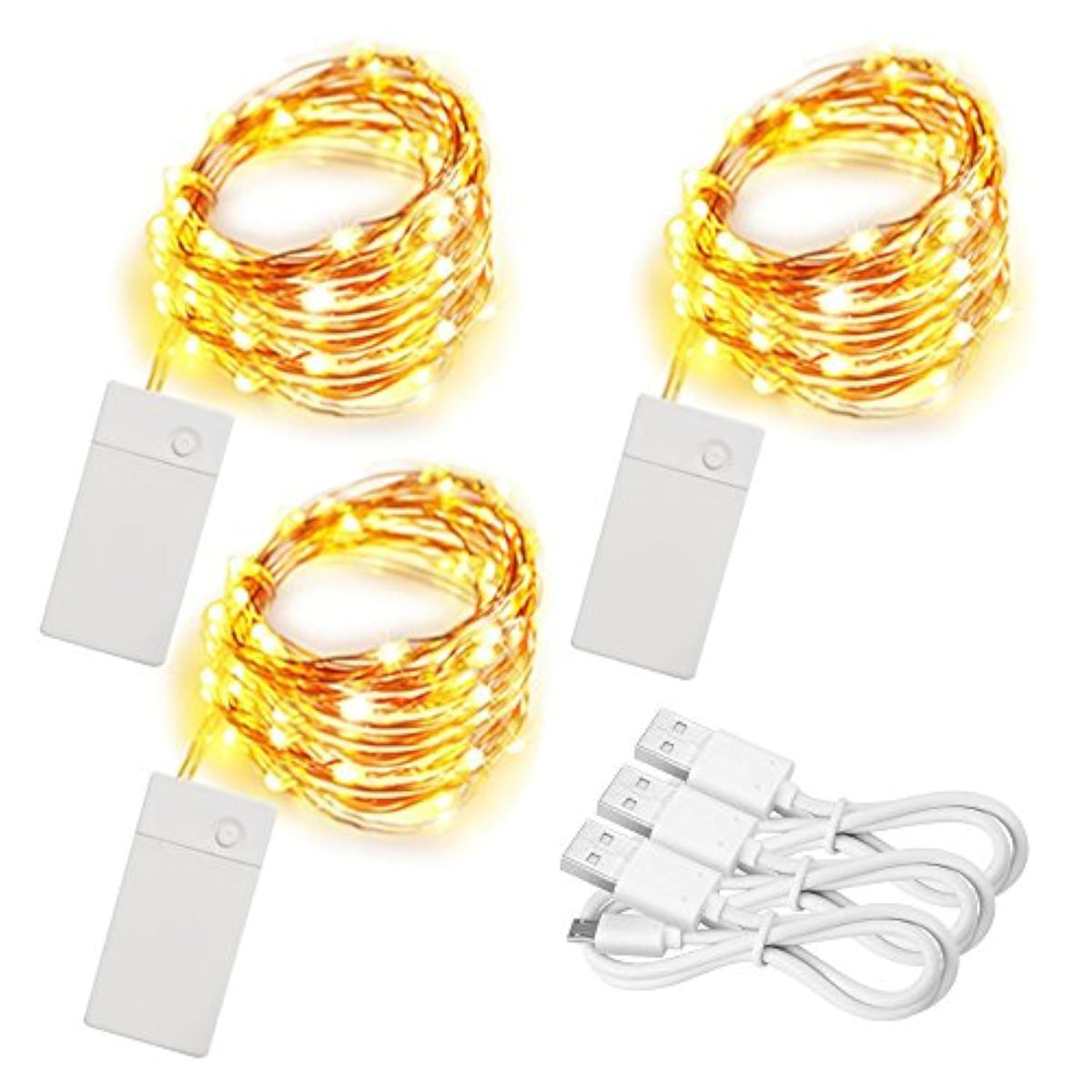 3 Pack Rechargeable String Fairy Lights 10Ft 30 Led, 4 Modes Copper Wire Christmas Starry Lighting, Waterproof Micro Fir