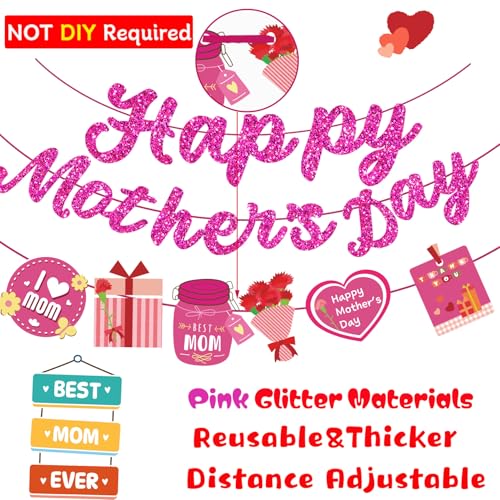 Happy Mothers Day Banner Glitter,NOT NEED DIY,Mothers Day Decorations,Mother's Day Decoration Banners Backdrop Sign for Home/Outdoor/Party supplies Decor Background