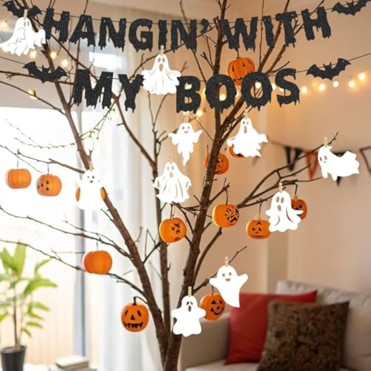 Black Glitter Hanging With My Boos Halloween Banner Ghost Party Wall Fireplace Decor