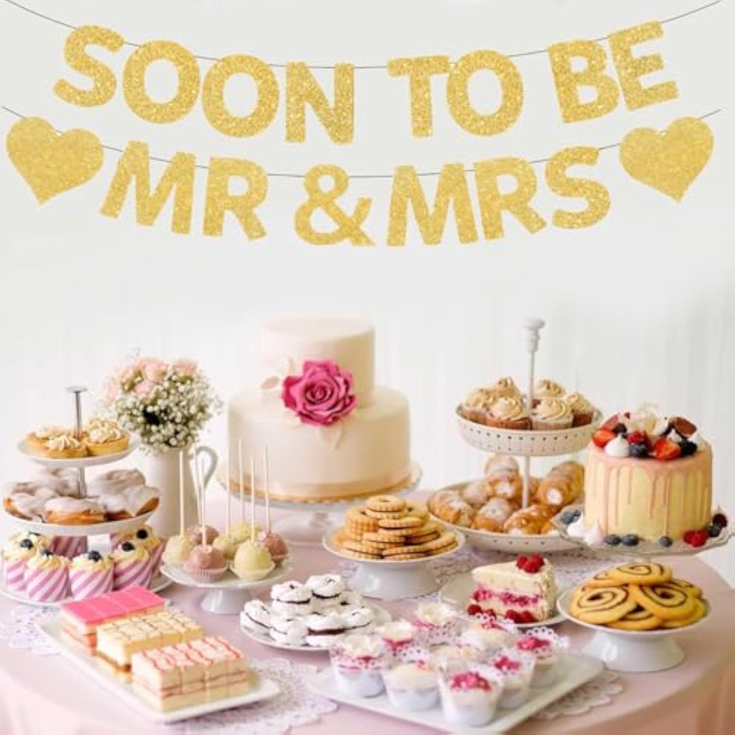 Engagement Bridal Shower Decor "Soon to Be Mr & Mrs" Banner & Diamond Ring Swirls