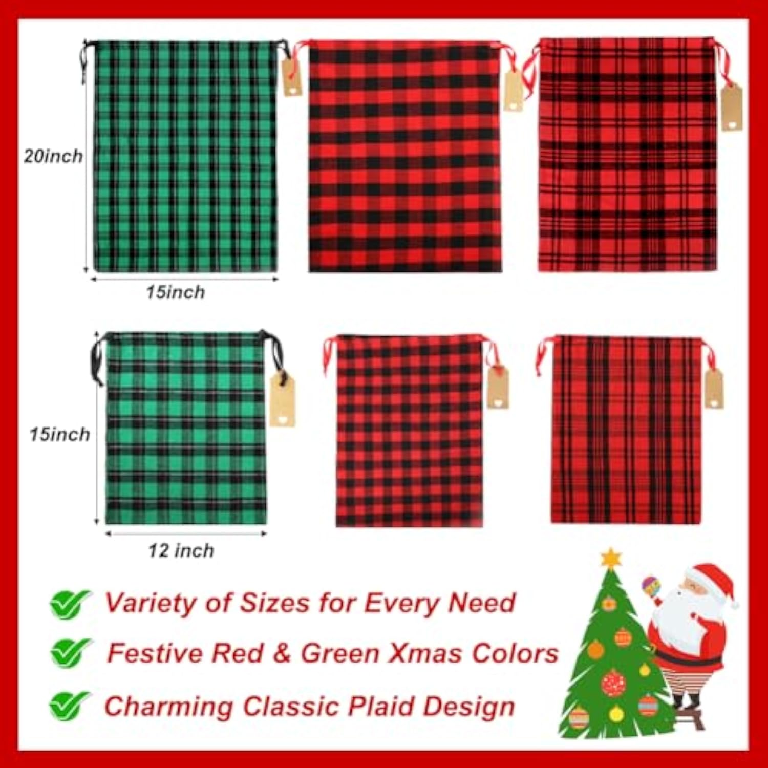 Big Fabric Christmas Gift Bags 20X15 15X12Inch, 6Pcs Cotton Gift Wrapping Sacks Cloth Pouches For Xmas Presents Party Favor