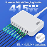 Usb C Charger 415W Usb C Charger Block, 8-Ports Gan Iv Fast Charging Station Hub, Dual Pd 100W Laptop Charger Adapter,For Macbook Pro/Air/Ipad/Iphone16/15/14/Apple Watch/Dell/Samsung For Home Office