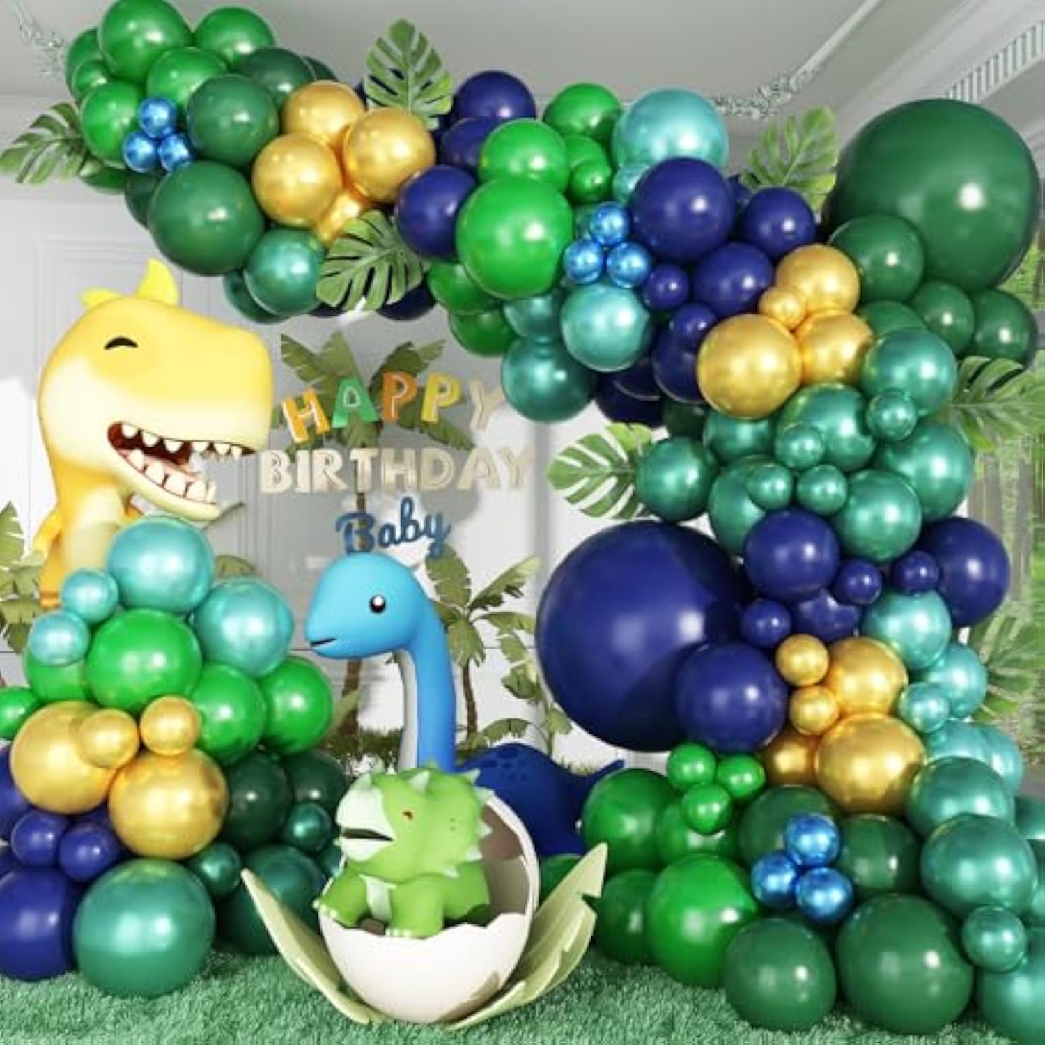 134pcs Blue & Green Balloon Garland Kit with Dino Balloons for Jungle Party Decor