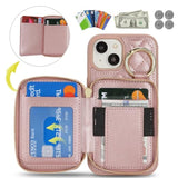 For Iphone 15 Case Wallet With Card Holder,For Iphone 15 Phone Case Wallet With Zipper With Slot Kickstand Stand Case For Women And Man 5G 6.1 Inch-Rose Gold
