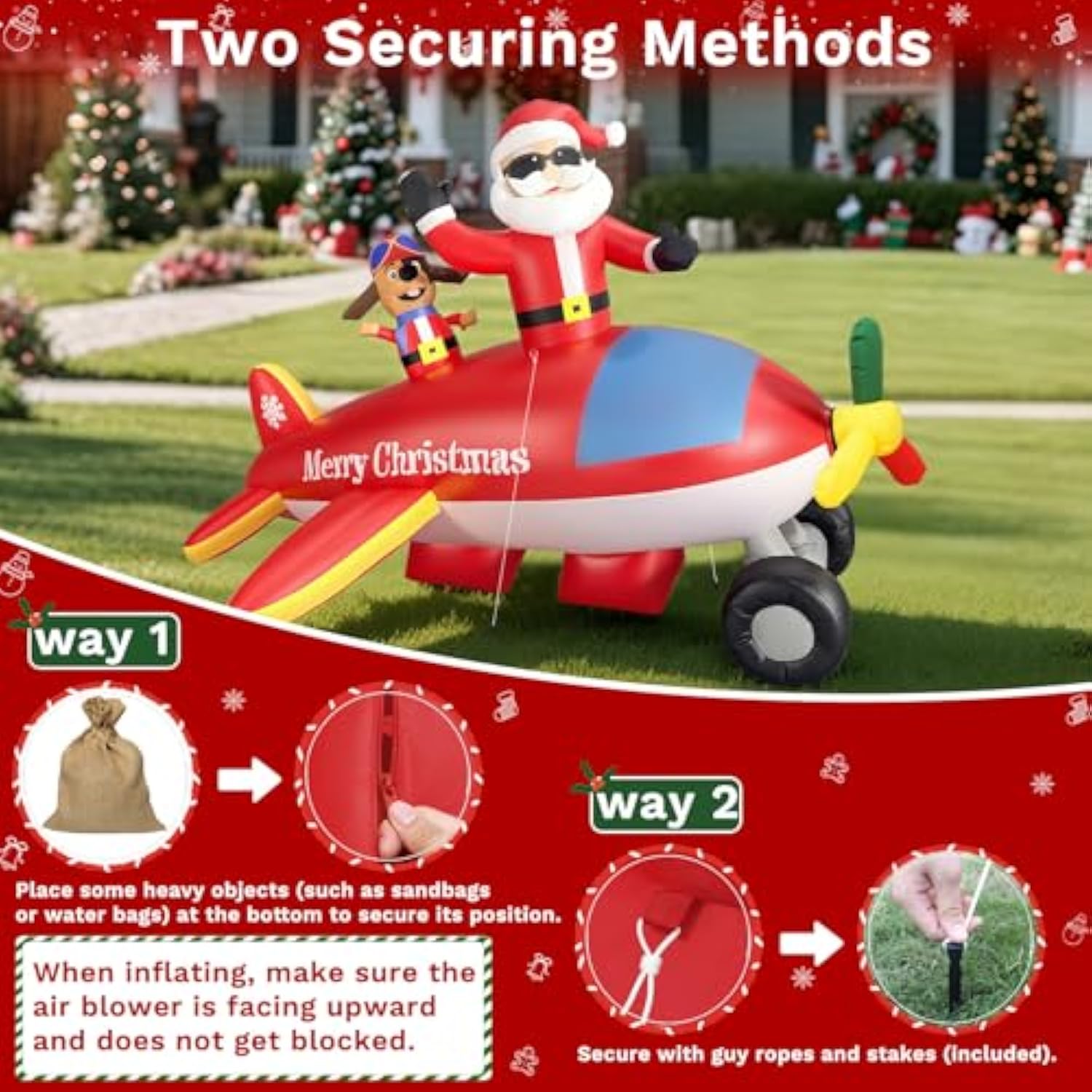 8Ft Christmas Inflatables Airplane Outdoor Decorations Santa Claus On Flying Animated Helicopter Built-In Led Lights Xma