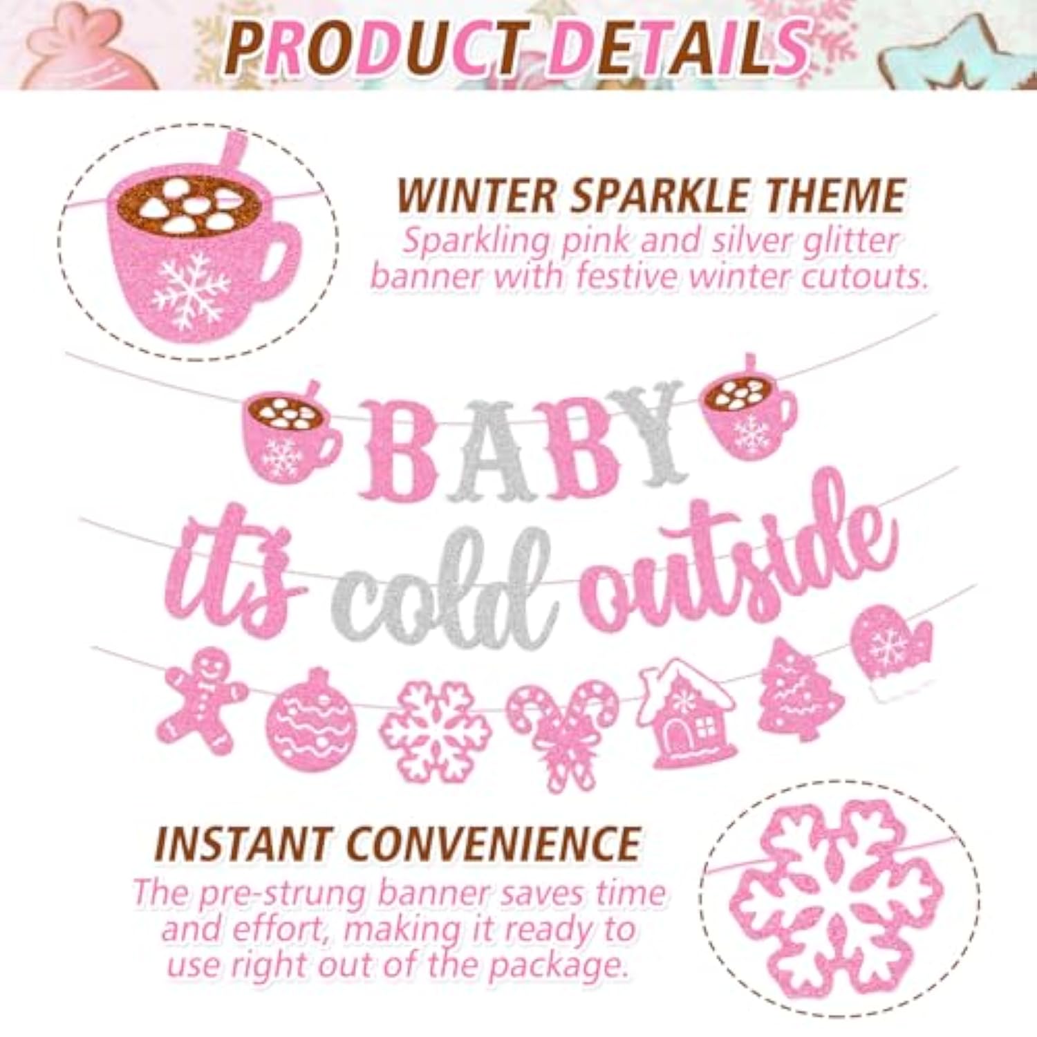 Baby It's Cold Outside Winter Baby Shower Banner Pink Glitter Decor