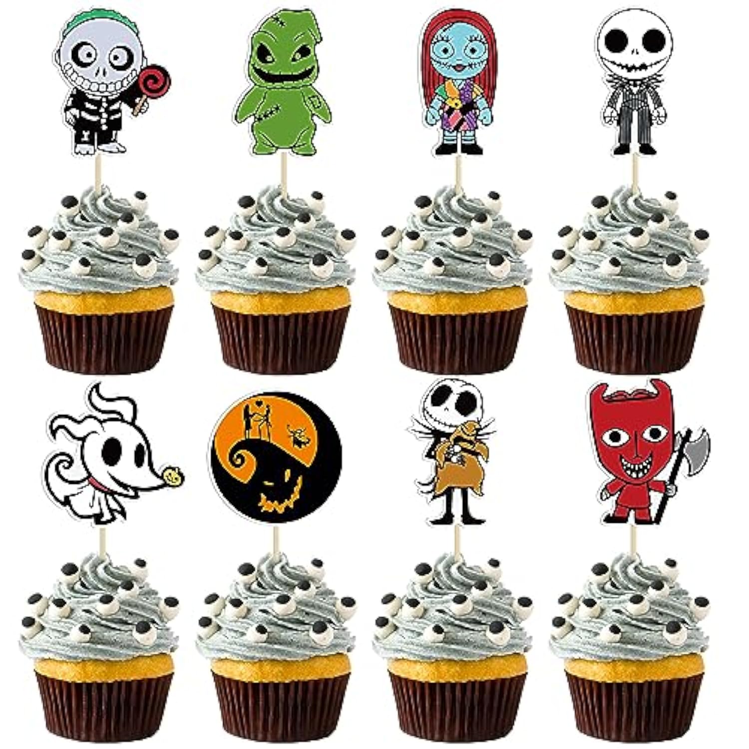 40Pcs Skellington Halloween Cupcake Toppers Glitter Skull Ghost Cupcake Picks For Nightmare Theme Wedding Anniversary Birthday Party Cake Decorations Supplies