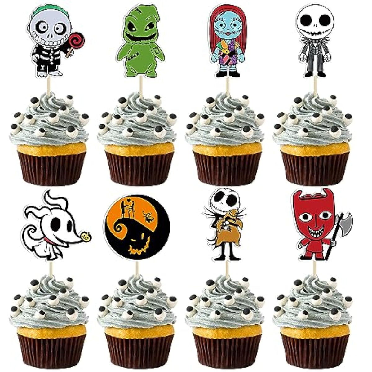 40Pcs Skellington Halloween Cupcake Toppers Glitter Skull Ghost Cupcake Picks For Nightmare Theme Wedding Anniversary Birthday Party Cake Decorations Supplies