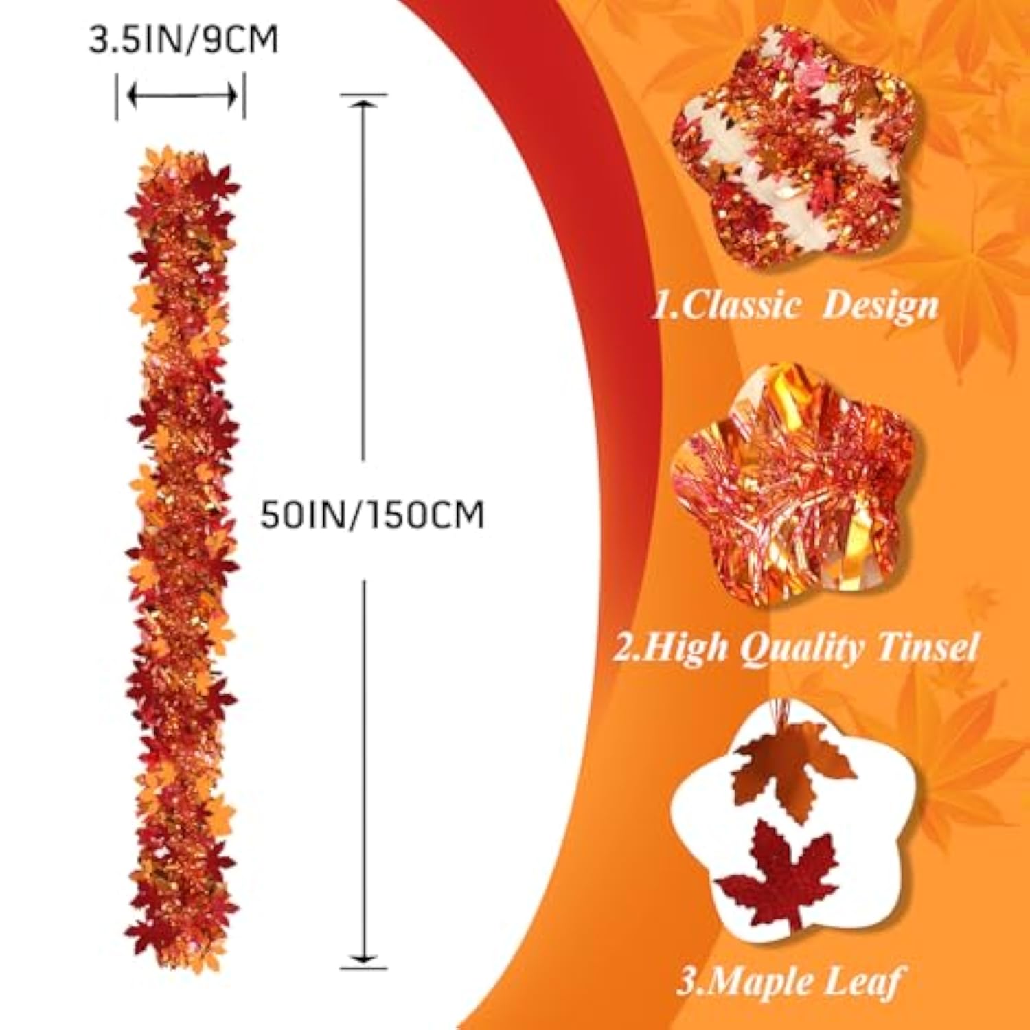 Fall Maple Leaves Garland Decorations,50Ft Glitter Tinsel Leaf Thanksgiving Decor For Tree Autumn Mantle Bedroom Office Classroom Party Indoor Outdoor Holiday Home Orange