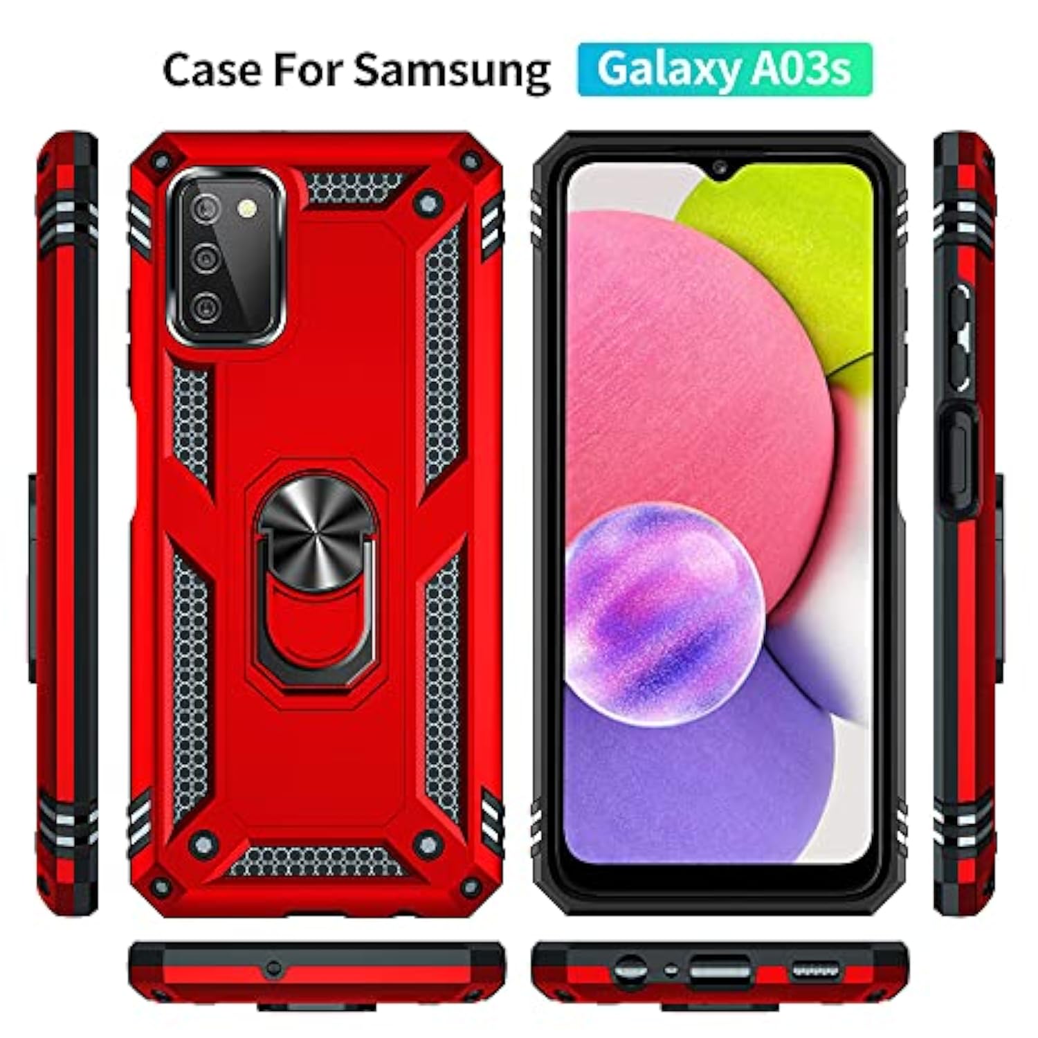 Compatible Phone Case For Samsung Galaxy A03S Case With Hd Screen Protector, Military Grade Protective Cases With Ring For Galaxy A03S (Red)