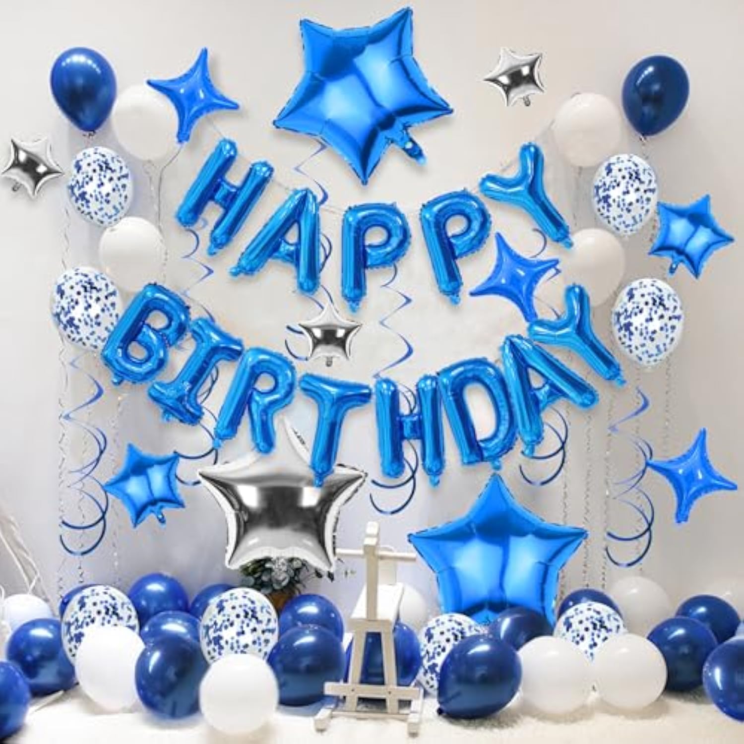 56Pcs Silver Black Happy Birthday Banner & Balloons Party Decorations (Blue)