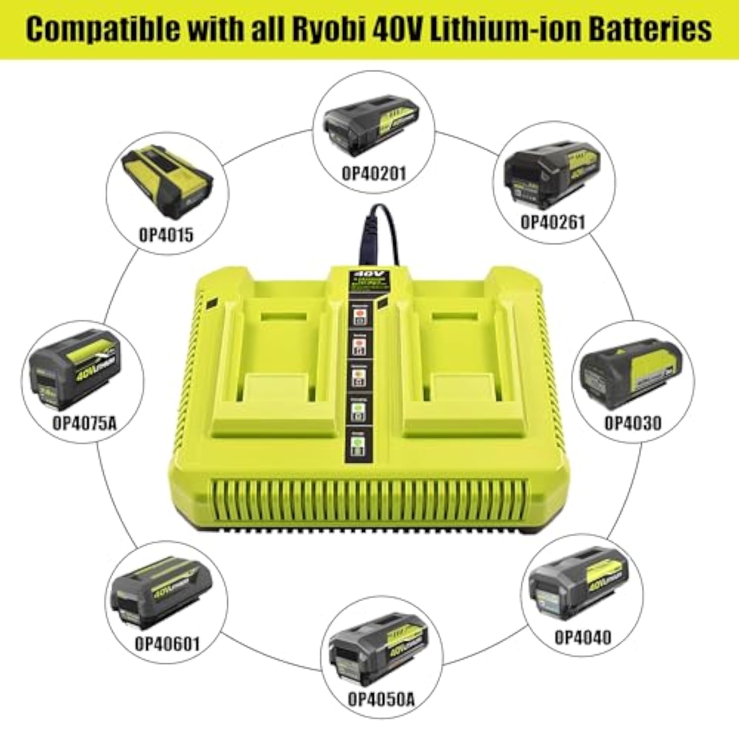 40V Dual Rapid Charger Op401 Op403 Op404 Op406A Op409A Compatible With Ryobi 40V 6Ah Op40601 Op40602 Op4060A1 5Ah Op4050A 4Ah Op4040 3Ah Op4030 2.6Ah Op40261 Op4026A 2Ah Op40201 Battery Charger