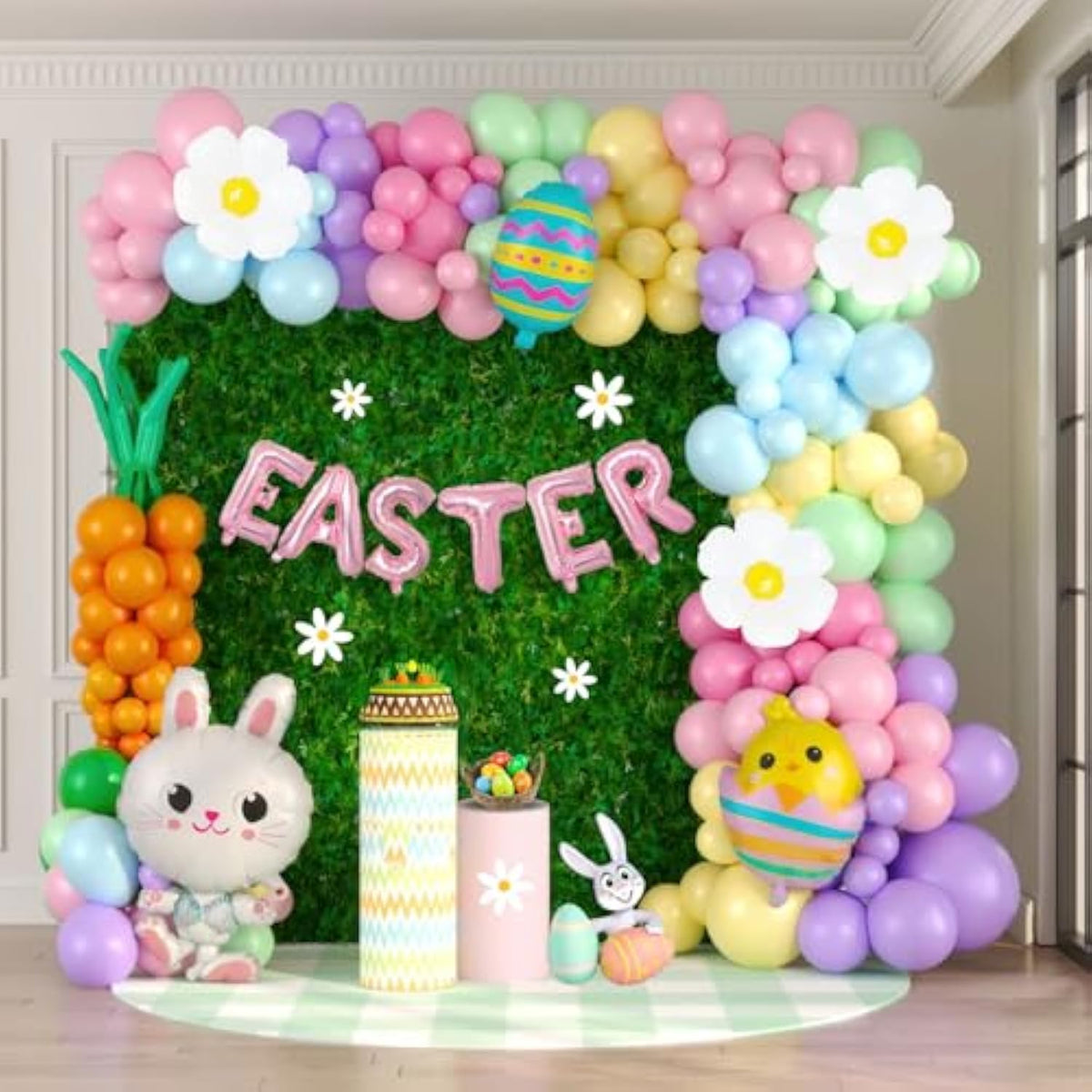 Pastel Easter Balloon Garland Arch Kit Pink Yellow Green Blue Balloons With Eggs Rabbits Chicks Daisy And Easter Letter Balloons Diy Carrot For Easter Birthday Party Decorations
