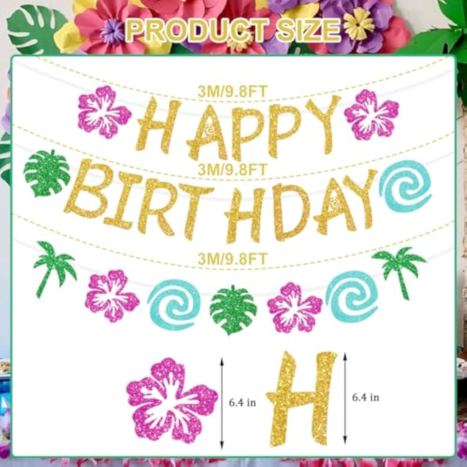 Glittery Gold Tropical Birthday Banner, DIY Luau Party, Summer Theme Decorations