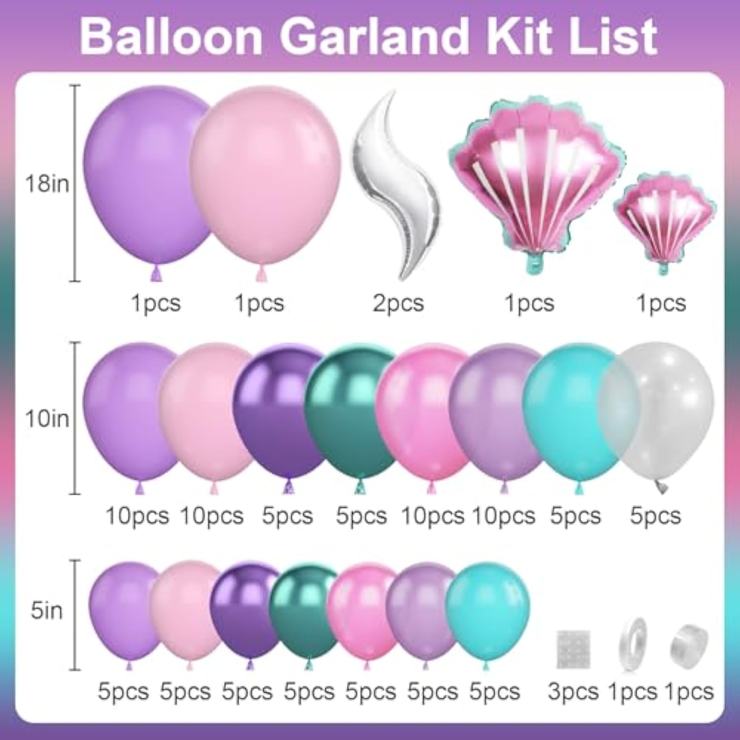 Mermaid Balloon Arch Garland Kit, Mermaid Tail Balloon Garland With Pastel Pink Purple Green Teal Metallic Latex Balloons For Girls Birthday Baby Shower, Under The Sea Shell Theme Party Decor Supplies