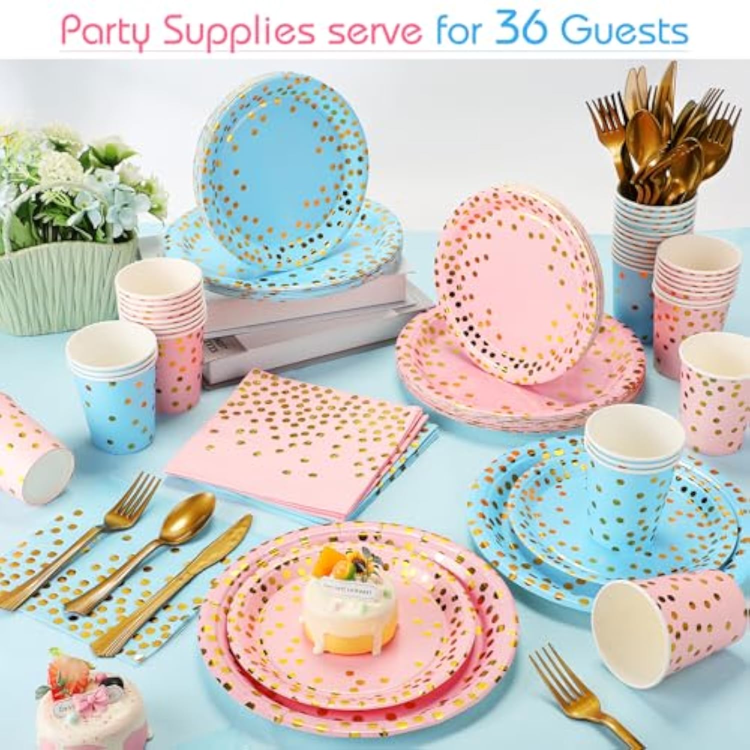 256 Pcs Pink And Blue Gender Reveal Party Supplies Disposable Paper Plate Napkin Cup Gold Dot Plastic Tablecloth Fork Knives Spoon Serve 36 Guest For Easter Baby Shower Birthday Decoration