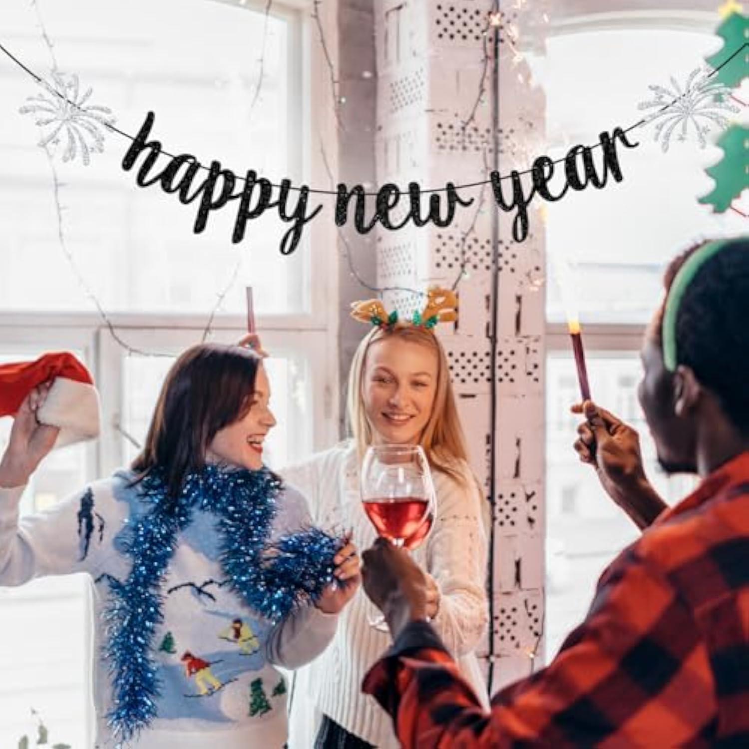 Happy New Year 2026 Banner Black Glitter Party Decor for New Year Eve