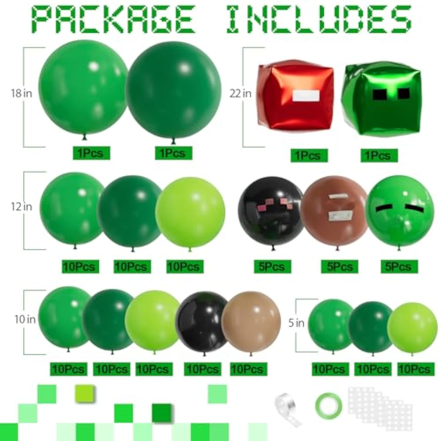 Video Game Balloon Garland Arch Kit, 124Pcs Green Black Brown Balloons Foil Balloons For Boy Gaming Birthday Party Decorations Supplies