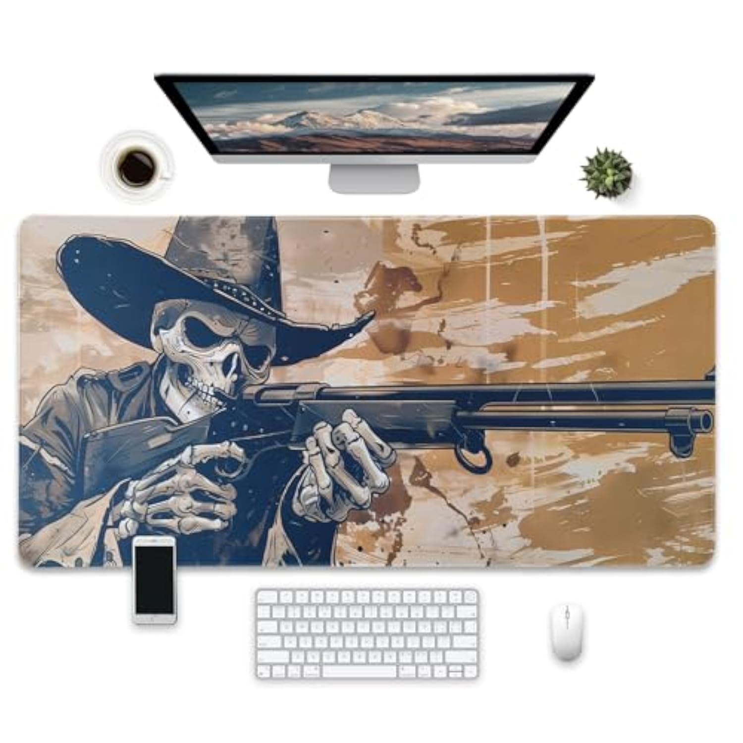 Western Cowboy Skeleton Gaming Mouse Pad, Large Extended Desktop Mat, 31.5 X 15.7 Inches, Non-Slip Base