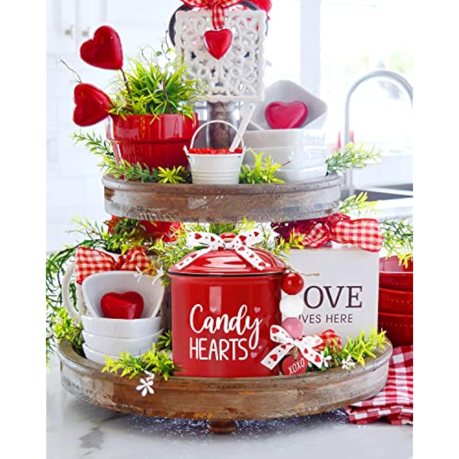 Candy Hearts Tiered Tray Decor Mini Ceramic Canister Valentine'S Day Red Decorative Jar Xoxo Slice February 14Th Love Candy Holder With Bowknot Home Kitchen Accessory Table Centerpiece Gift Set Of 1