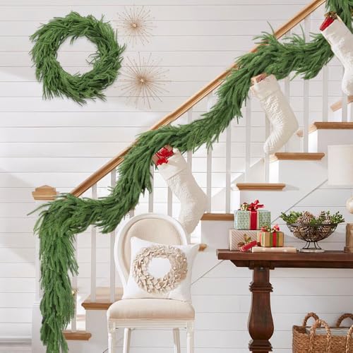 2Pcs 6FT Christmas Norfolk Pine Garlands Decoration, 120 Branches Real Touch Artificial Faux Green Pines Winter Garland for Fireplace Table Mantle Stairs Xmas Holiday Indoor Outdoor Decor