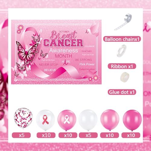Breast Cancer Awareness Party Decorations Pink Ribbon Balloon Garland Arch Set with Breast Cancer Awareness Backdrop Banner for October Breast Cancer Prevention Survivor Charity Activities Decorations