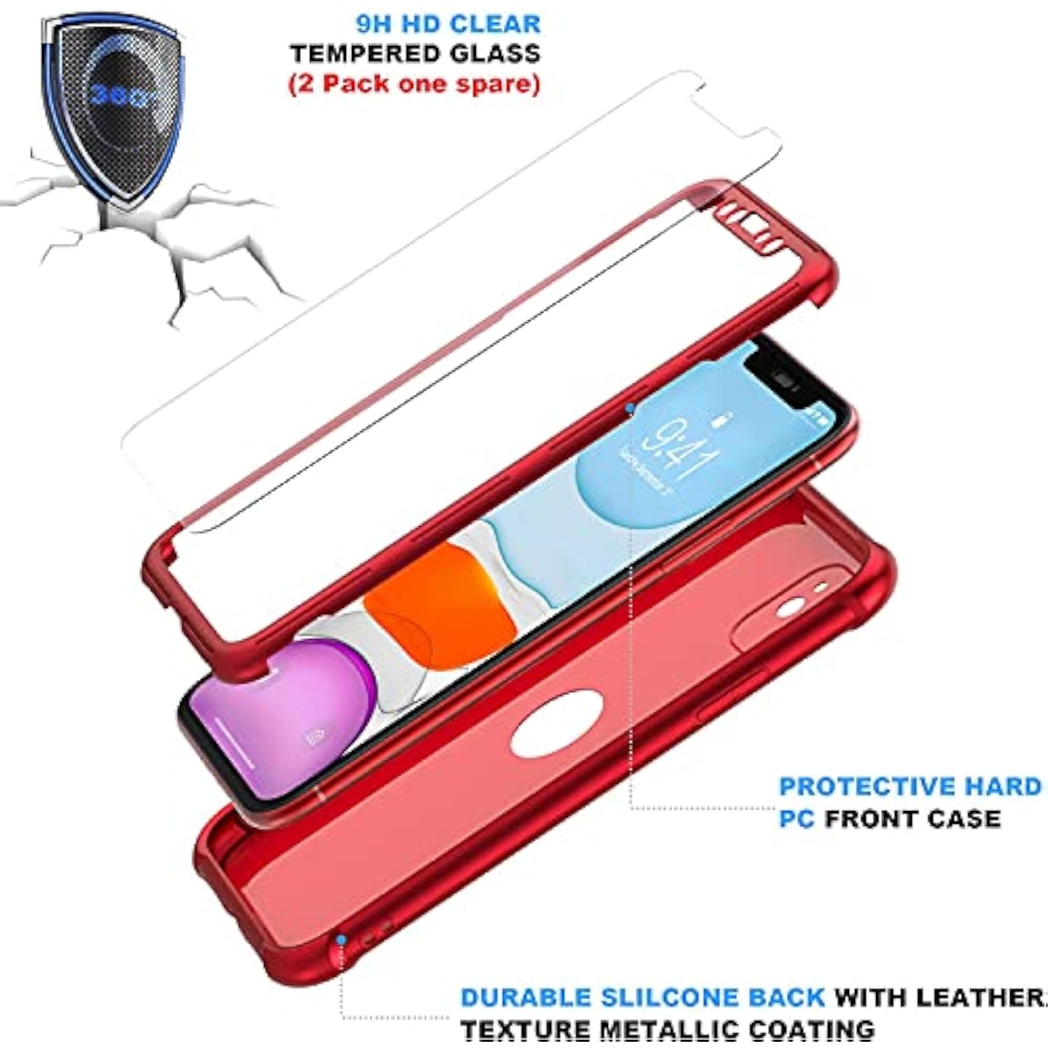 For Iphone 11 Case, With[2 X Tempered Glass Screen Protector] [10 Ft Grade Drop Test] [Camera Protection] 360° Full Body Shockproof Protection Rubber Silicone For Iphone 11 6.1"- Red