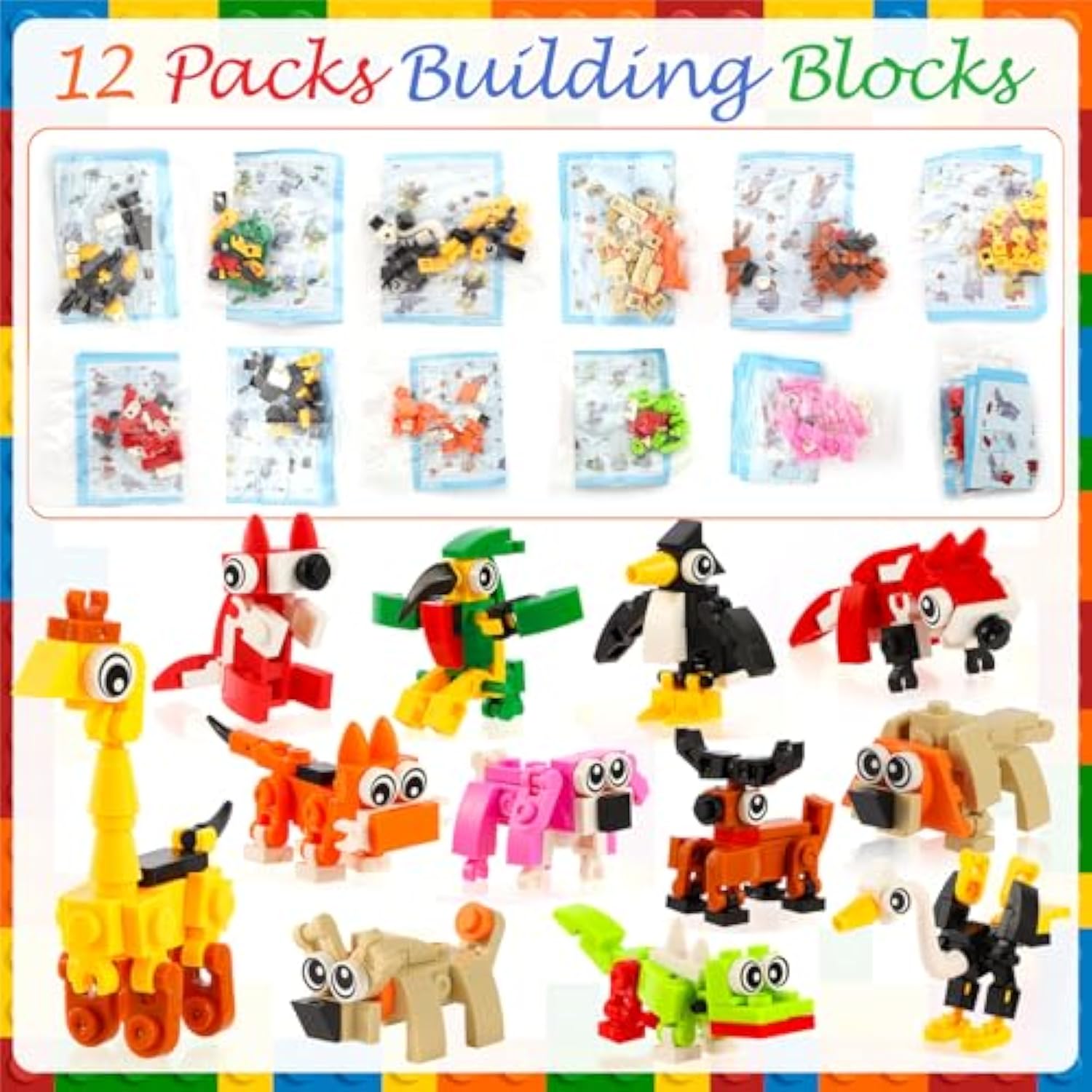 134 Pcs Building Blocks Party Favors With Reusable Drinking Straws Animal Building Blocks Slap Bracelets Keychains Stamps Stickers And Gift Bags For Kids Gamer Birthday Party Supplies (Building)