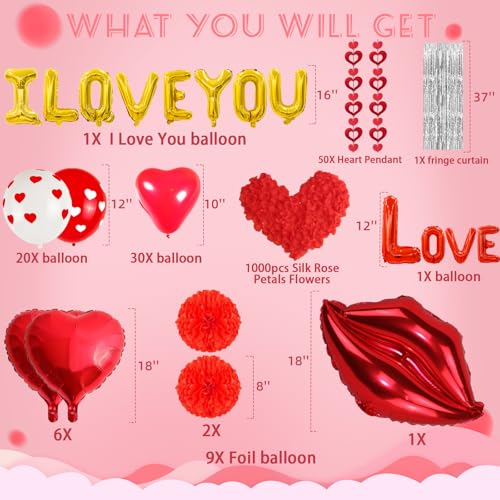 1024Pcs Valentines Day Balloons Kit with I love You Balloons Red Heart Balloons Balloon Red Rose Petals Heart Pendants for Valentines Day Balloons Decorations Anniversary Decorations Romantic
