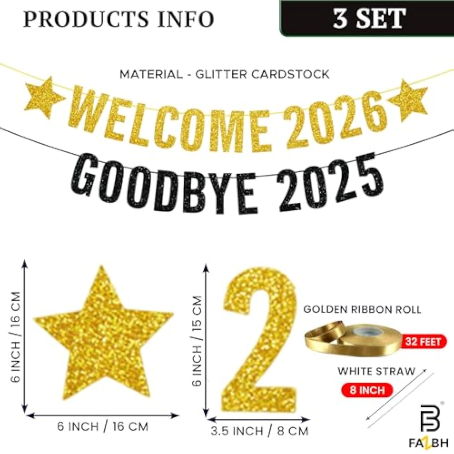 Black Gold Glitter New Year Banner 20ft Star Garland Goodbye 2025 Welcome 2026
