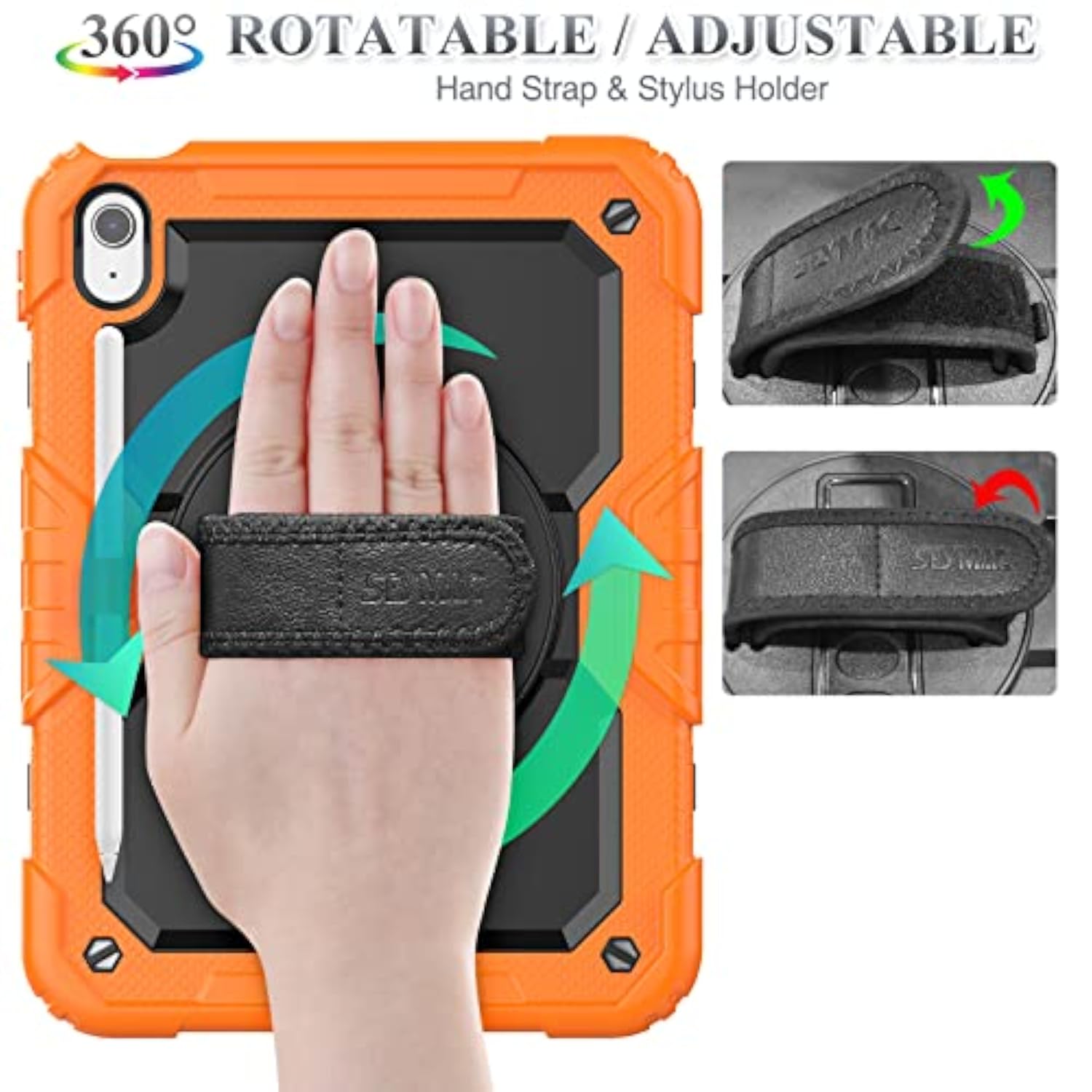 Full-Body Drop Protection Case for iPad 11th/10th Generation 11''/10.9'' 2025/2022, Includes Screen Protector and 360° Rotate Hand Strap/Stand, Black and Orange