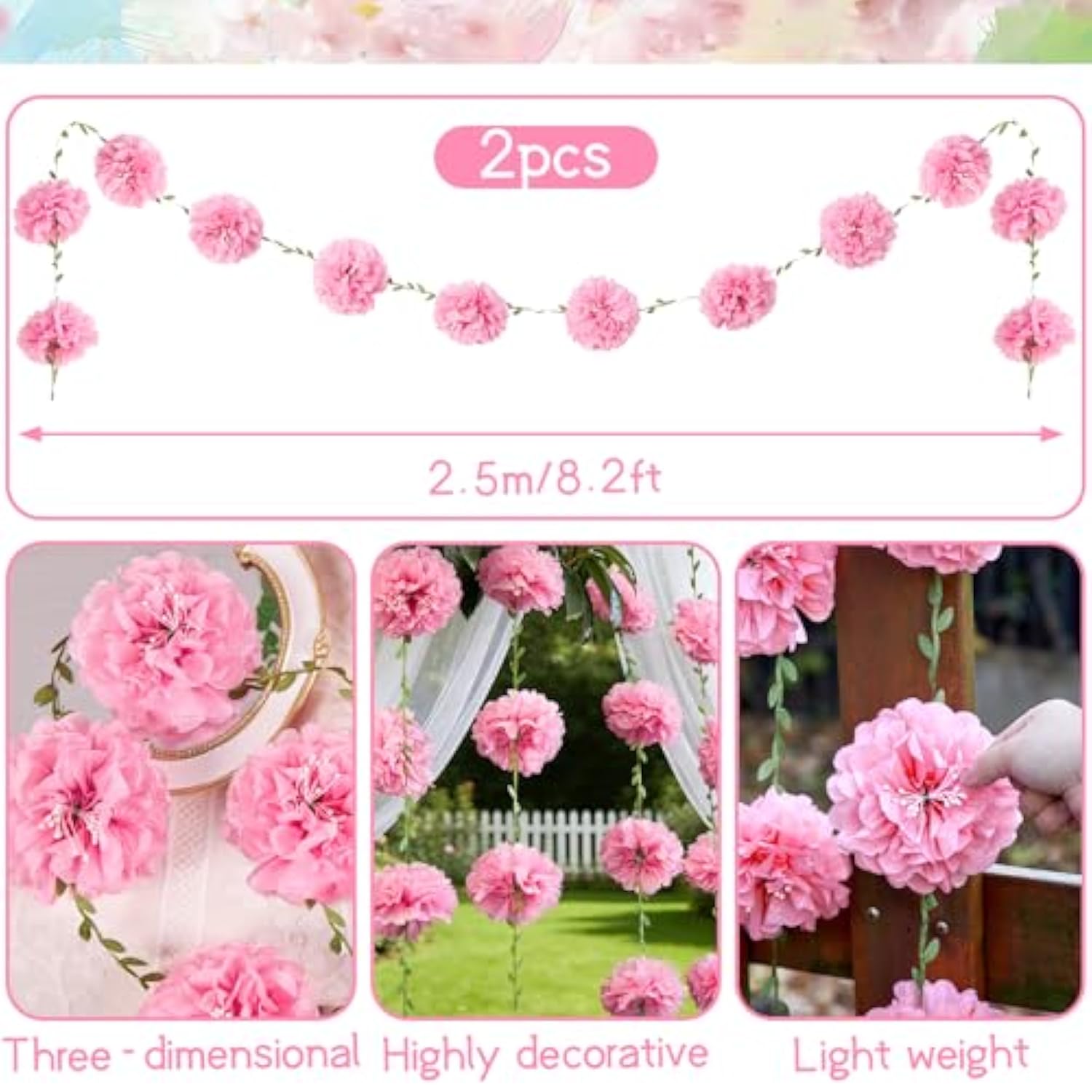 Pink Tissue Paper Flowers Pom Pom Spring Garland ?2Pcs? Hanging Decor Pink Party Decorations For Women Girls Birthday Bachelorette Baby Shower Wedding Party Supplies