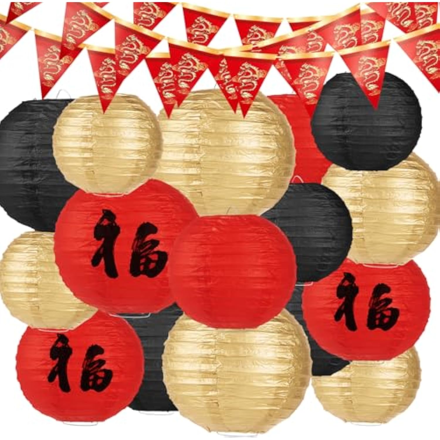 16-Pcs Red, Black & Gold Hibachi Lantern Banner Set Asian Party Decor