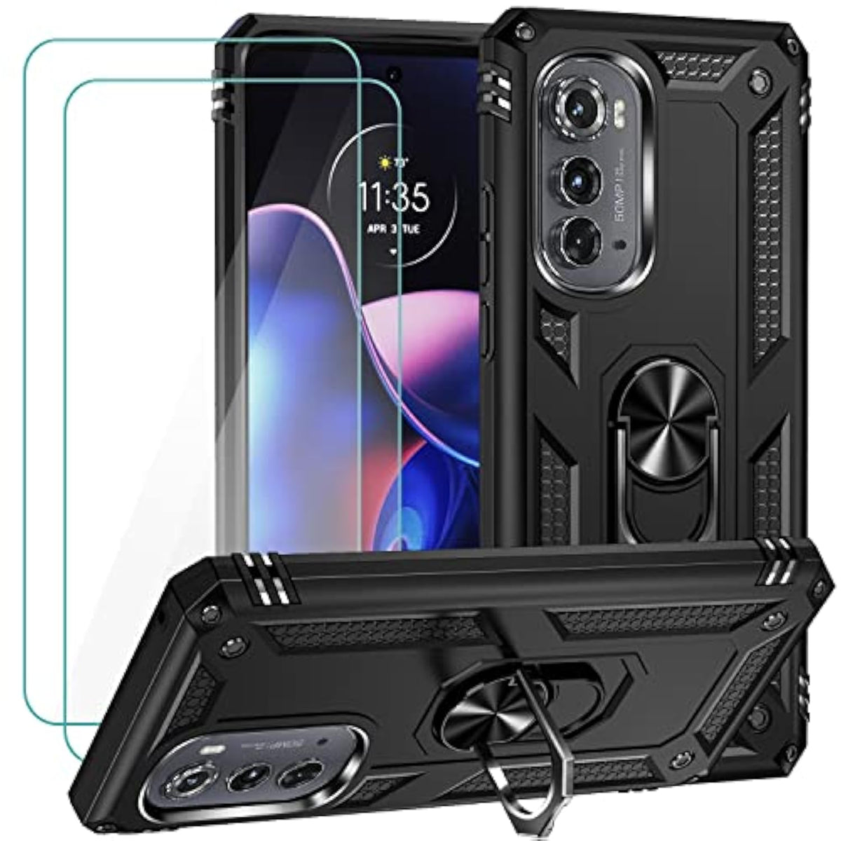 For Motorola Edge 2022 Case With 2 Pcs Tempered Glass Screen Protector, [Military Grade] 16Ft. Drop Tested Protective Cover With Magnetic Kickstand Car Mount For Motorola Moto Edge 2022, Black