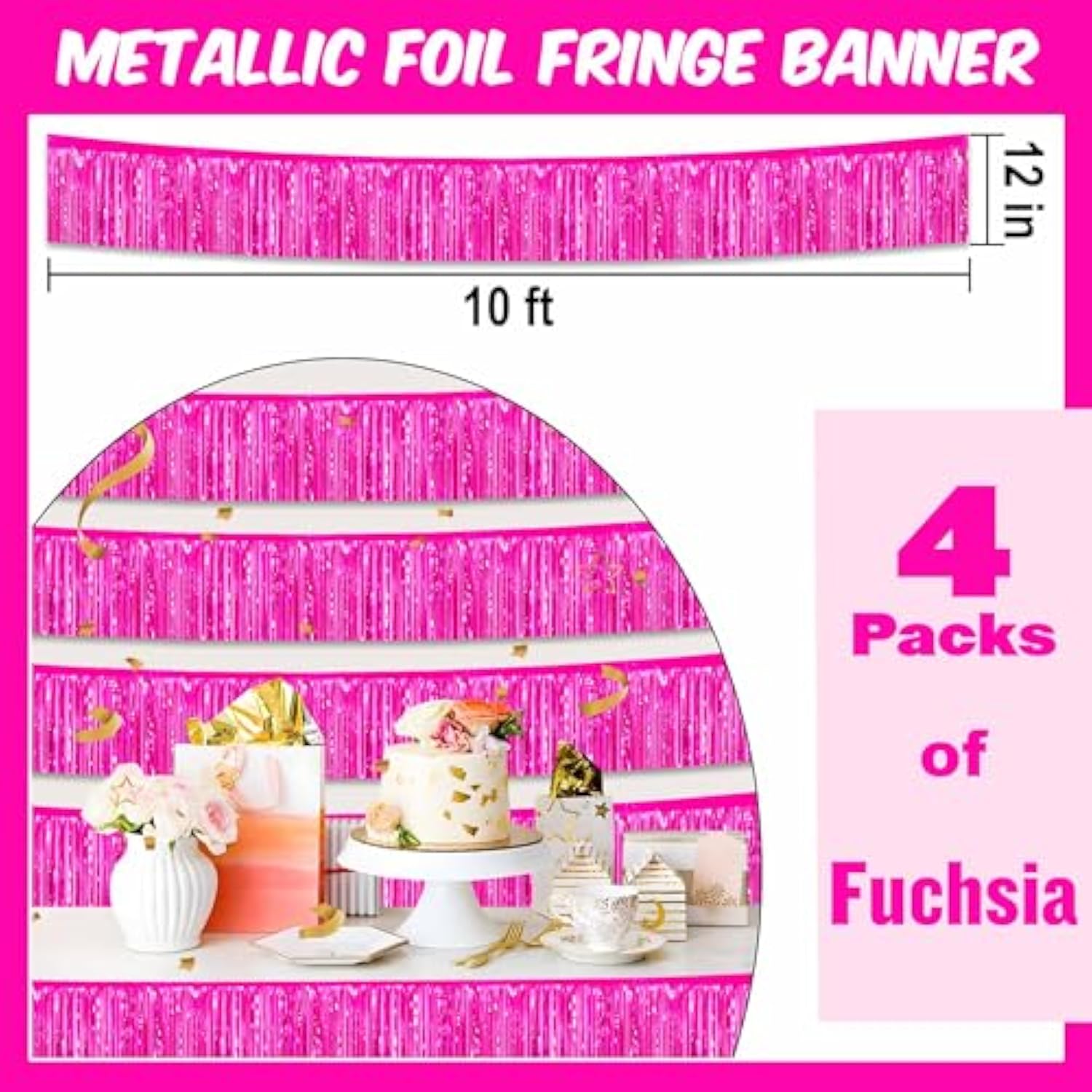 4 Pack 10 Ft Fuchsia Foil Fringe Garland Metallic Streamers Tinsel Banner Wall Hanging Garland Backdrop For Parade Floats, Halloween, Christmas, Thanksgiving, New Year Party Decorations