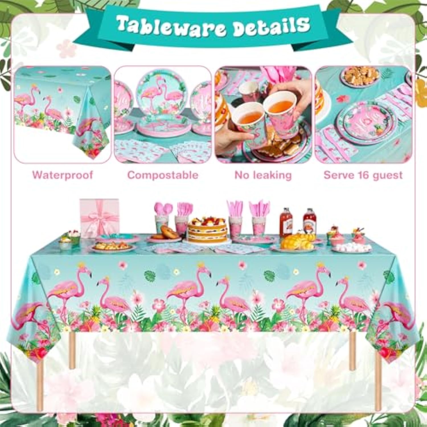 171 Pcs Flamingo Birthday Party Supplies 16 Sets Tropical Hawaiian Party Decorations Include Napkins Plates Cups Spoons Forks Knife Balloons Leaves Backdrop Tablecloth For Girls Boys Kids