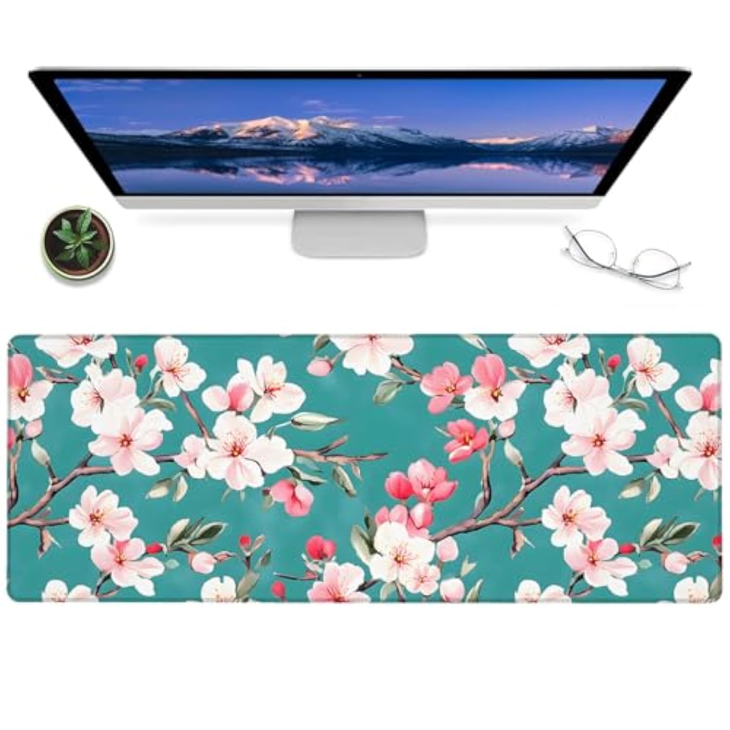 Floral Gaming Mouse Pad,12X31.5In Non-Slip Rubber Spring Flower Desk Mat,Large Extended Mousepad For Office Home Laptop,Mice Pads Gifts,Game Lover Deskmat Decor (Cherry Blossom 02)