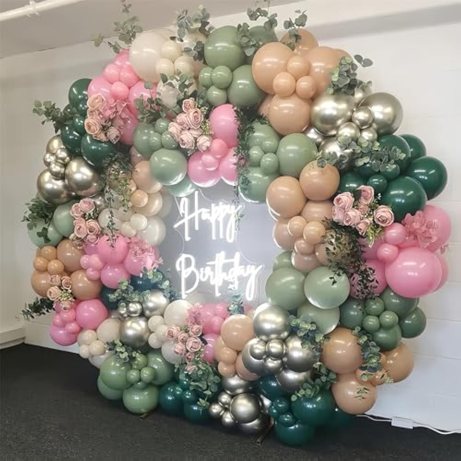 128Pcs Sage Green And Pink Balloon Arch Kit, Dusty Olive Green Blush Peach Beige Cream White Gold Latex Balloon Garland Kit For Girl Jungle Safari Baby Shower Woodland Birthday Party Decorations