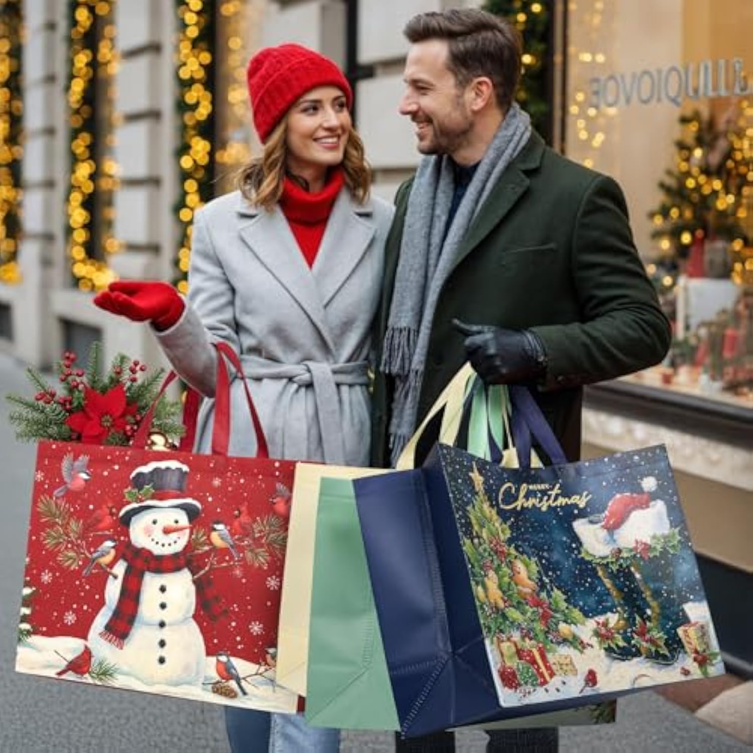 12 Pack Extra Large Christmas Gift Bags With Handles, Reusable Non-Woven Christmas Bags For Presents Wrapping Holiday Xmas Party Favors Supplies(16.7" X 12.6" X 6.7")