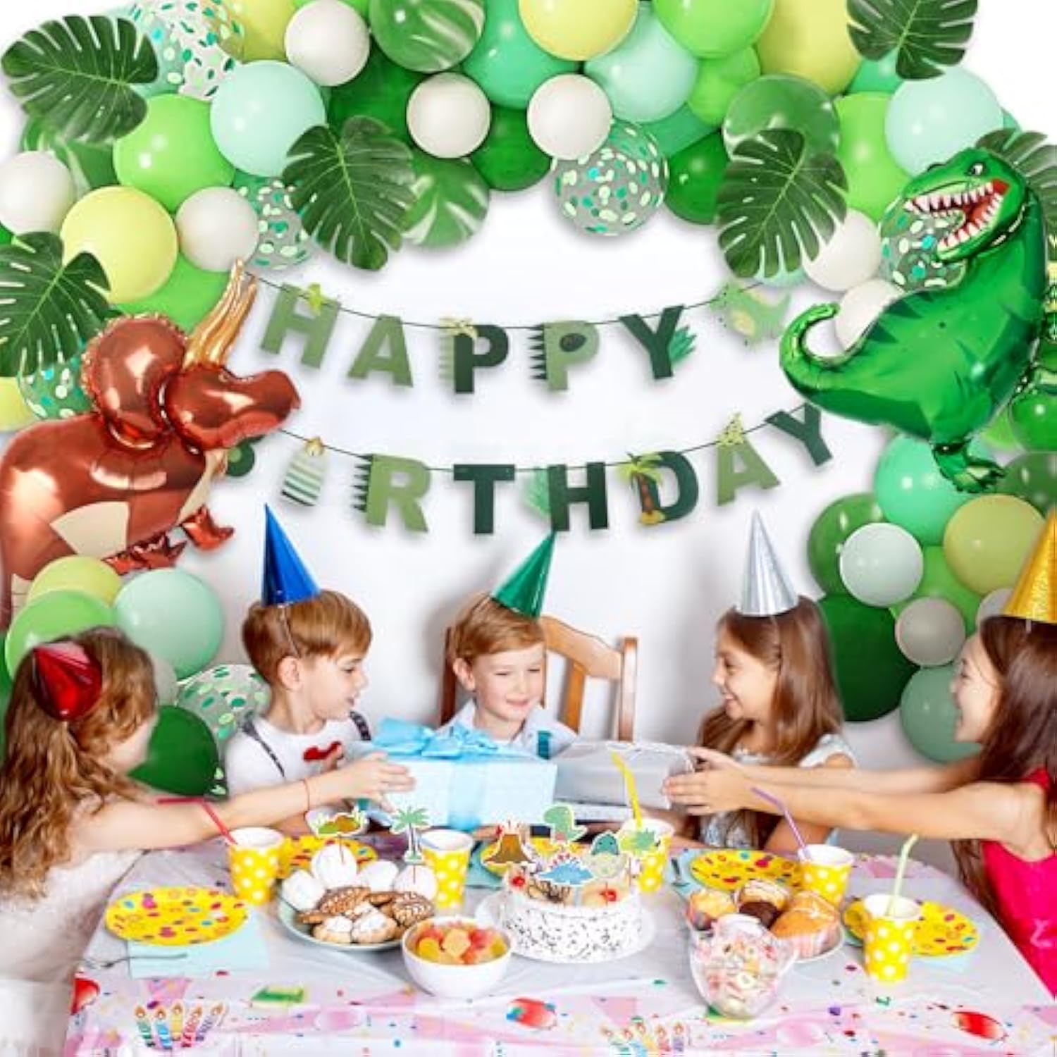 Dinosaur Balloons Arch Garland Kit - 40" Foil Dino Balloons, Happy Birthday Banners & Cake Topper For Jungle Dinosaur Party For Boys & Kids